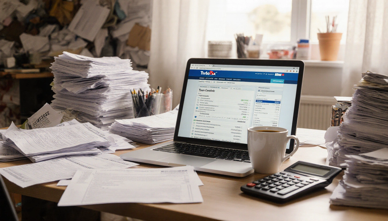 Home office desk busy with a laptop open to TurboTax and a cup of coffee amid receipts and tax season.