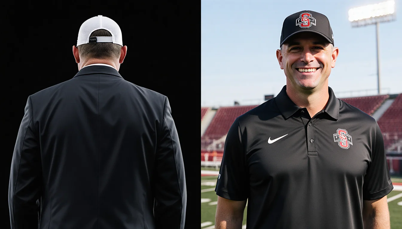 Coach Neal Brown stands on one side while Coach Morris smiles with a nod toward him on the other side in a bowl game split-sc