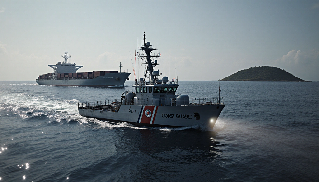 Coast Guard cutter pursuing a tanker with spotlight on cargo tanks near Venezuelan coast and island silhouette