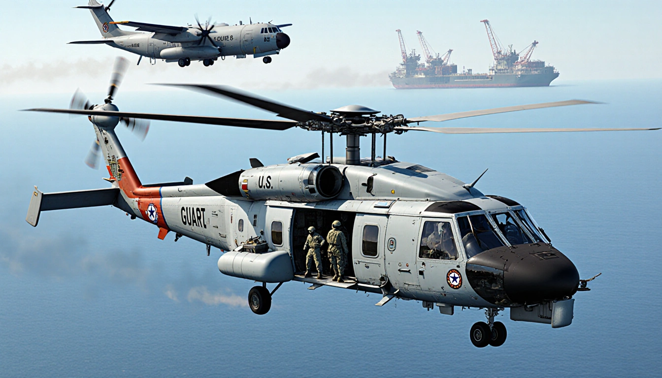Coast Guard helicopter lifting crew with transport aircraft above and distant oil rigs.