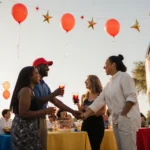Coca‑Cola reps mingle with diverse community members laughing and sharing drinks near colorful tablecloths and giant bottles
