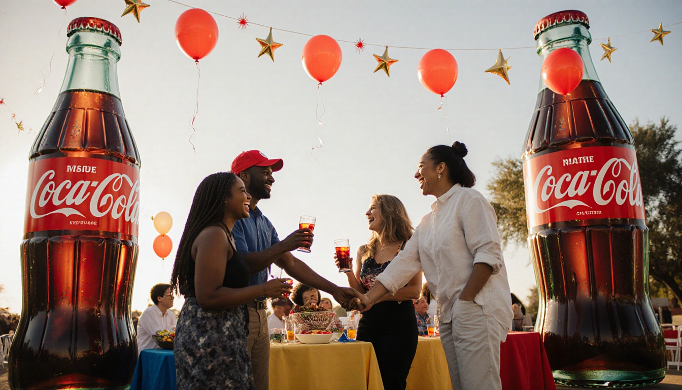 Coca-Cola reps mingle with diverse community members laughing and sharing drinks near colorful tablecloths and giant bottles