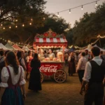 Coca-Cola ice cream cart serves customers with string lights and Renaissance attire in an autumn forest.