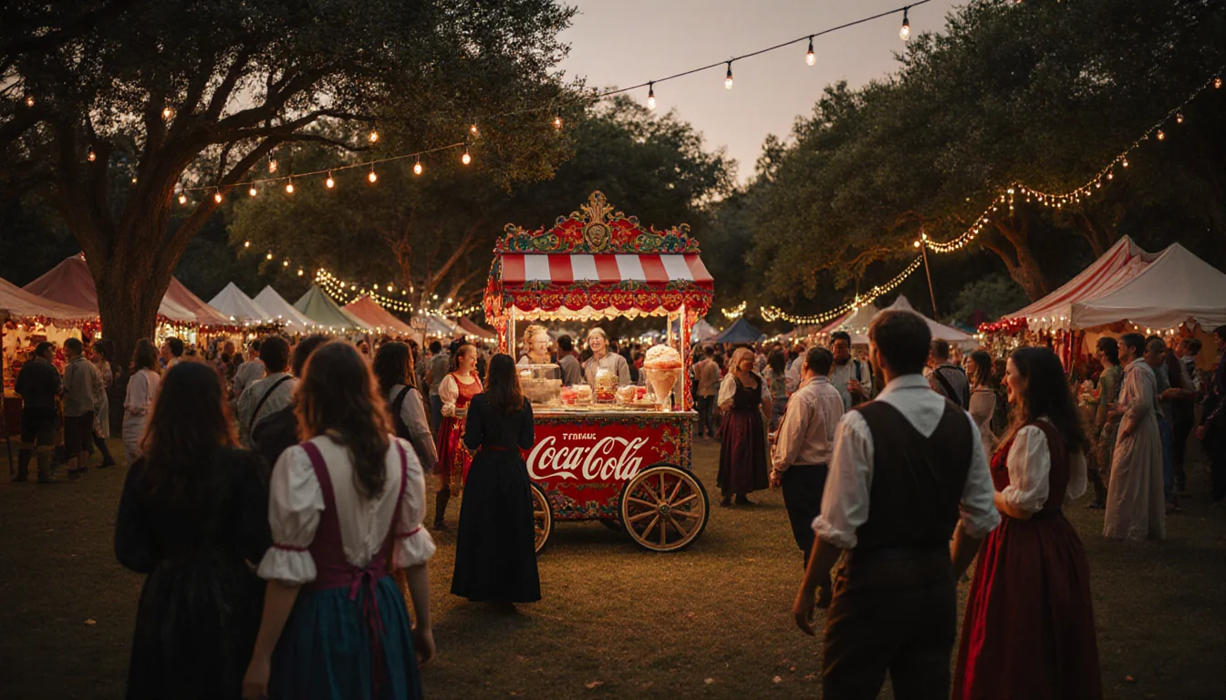 Coca-Cola ice cream cart serves customers with string lights and Renaissance attire in an autumn forest.