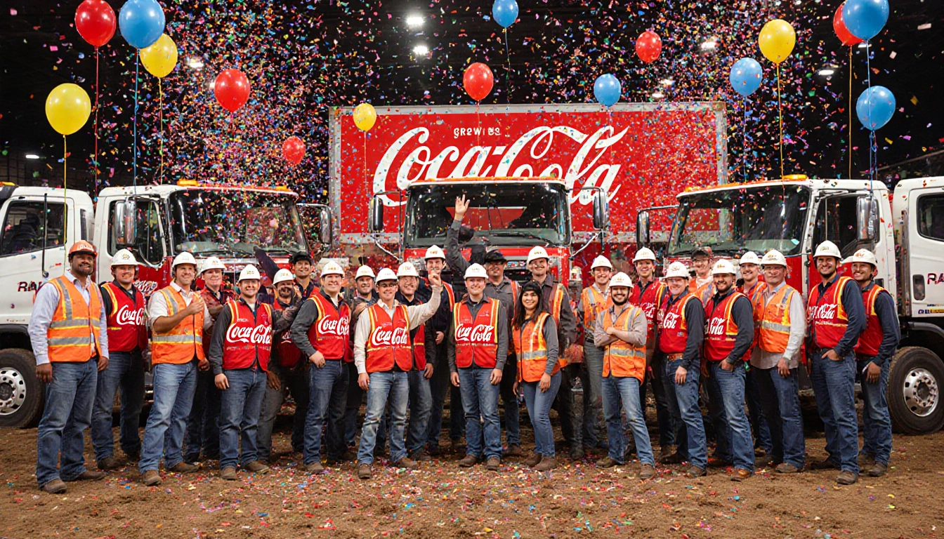 Coca-Cola employees cheer in a rodeo arena with trucks and equipment and colorful balloons and confetti.