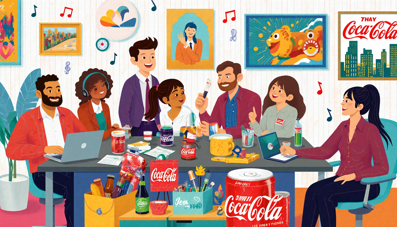 Diverse Coca-Cola employees gather in a creative office with artwork and personal items and skyline festival hints.
