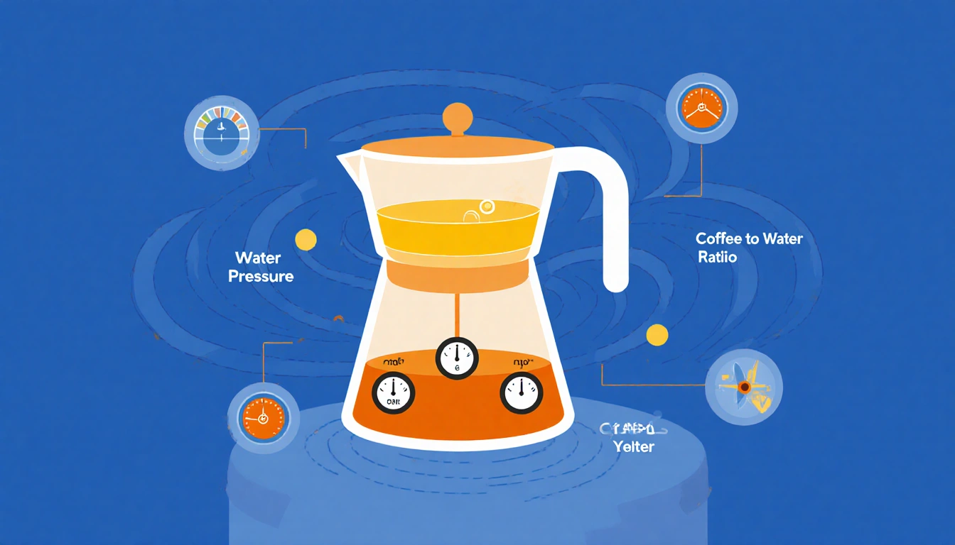 Coffee pot brewing with temperature and pressure and ratio knobs and swirling warm patterns