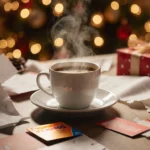 Steam rises from a coffee cup on a cluttered desk with holiday cards and gift receipts.