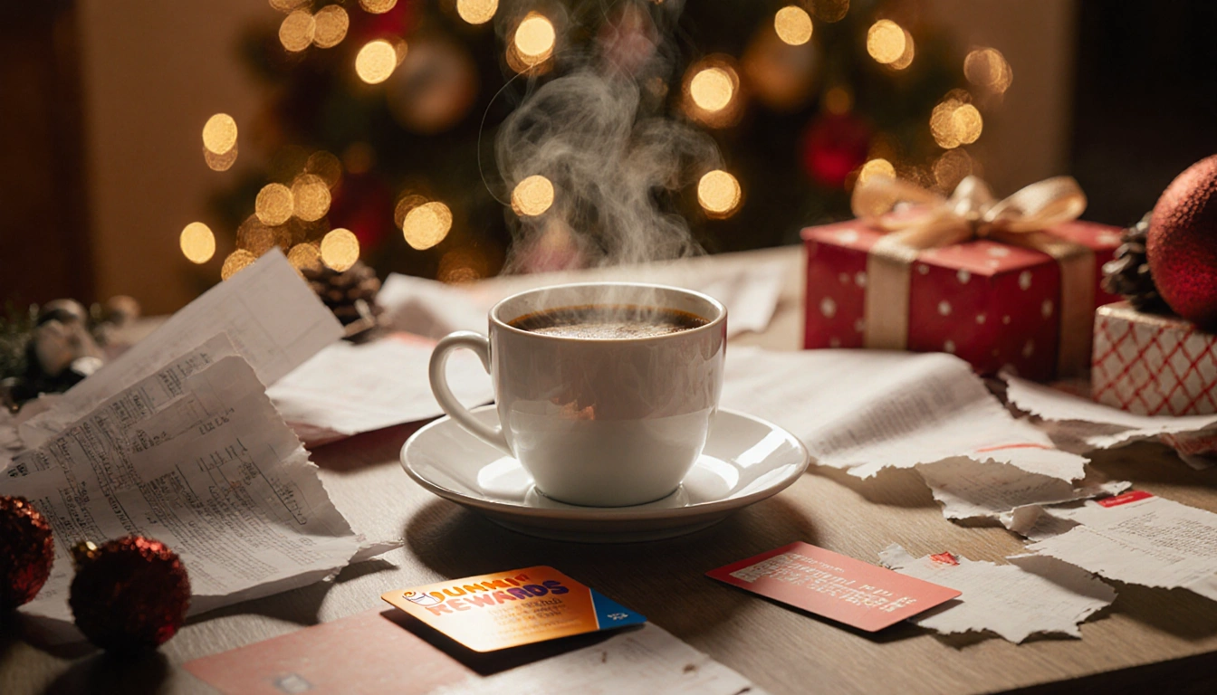Steam rises from a coffee cup on a cluttered desk with holiday cards and gift receipts.