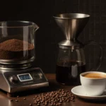 Cup of coffee glistening with golden liquid next to a stainless steel grinder in laboratory with wooden accents and equipment