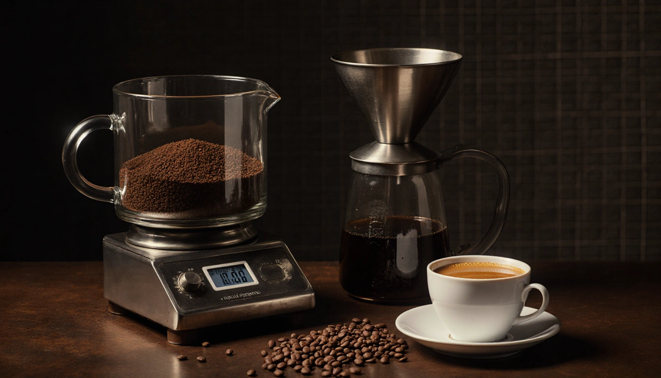 Cup of coffee glistening with golden liquid next to a stainless steel grinder in laboratory with wooden accents and equipment