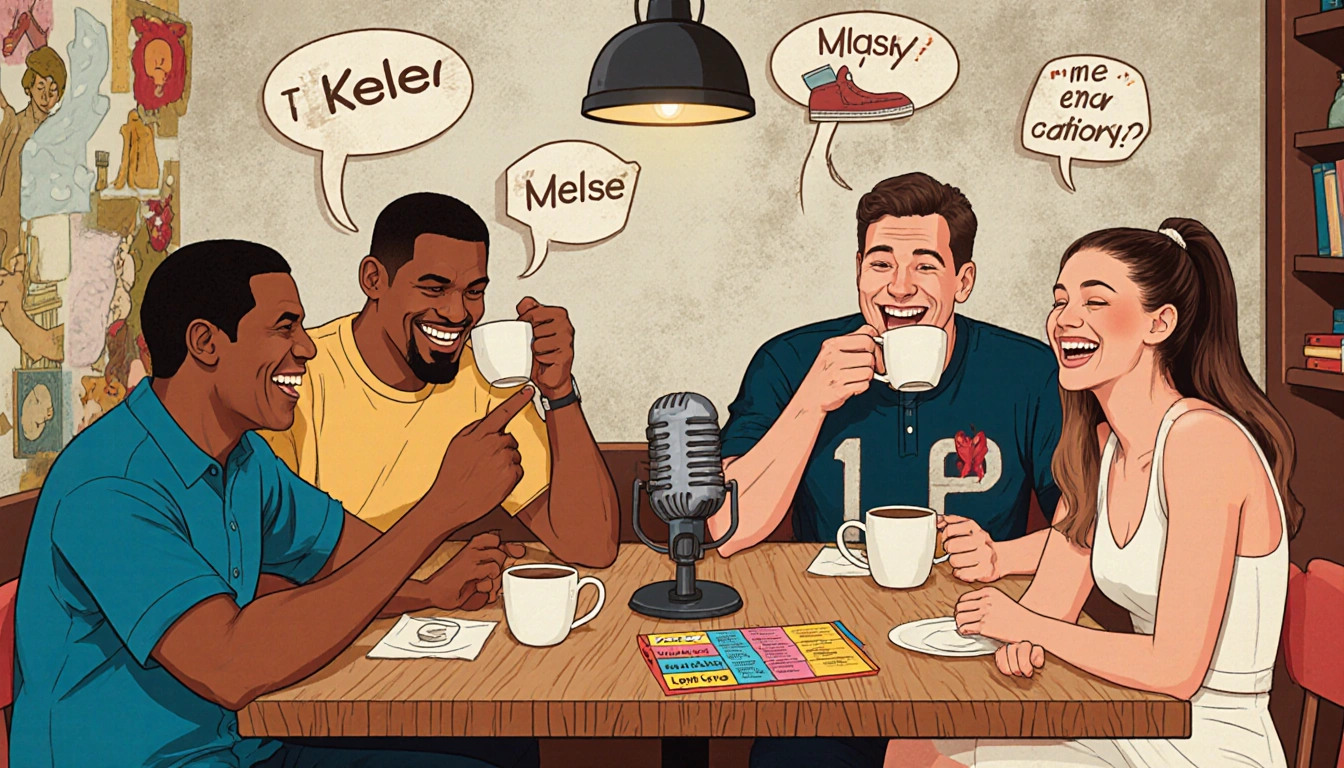 Celebrities laughing while correcting pronunciation with Denzel pointing at napkin and Paul sipping tea in a trendy coffee sh