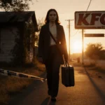 Woman walking toward viewer with small suitcase and fading cold case tape on a rural Texas street at sunset near a KFC sign