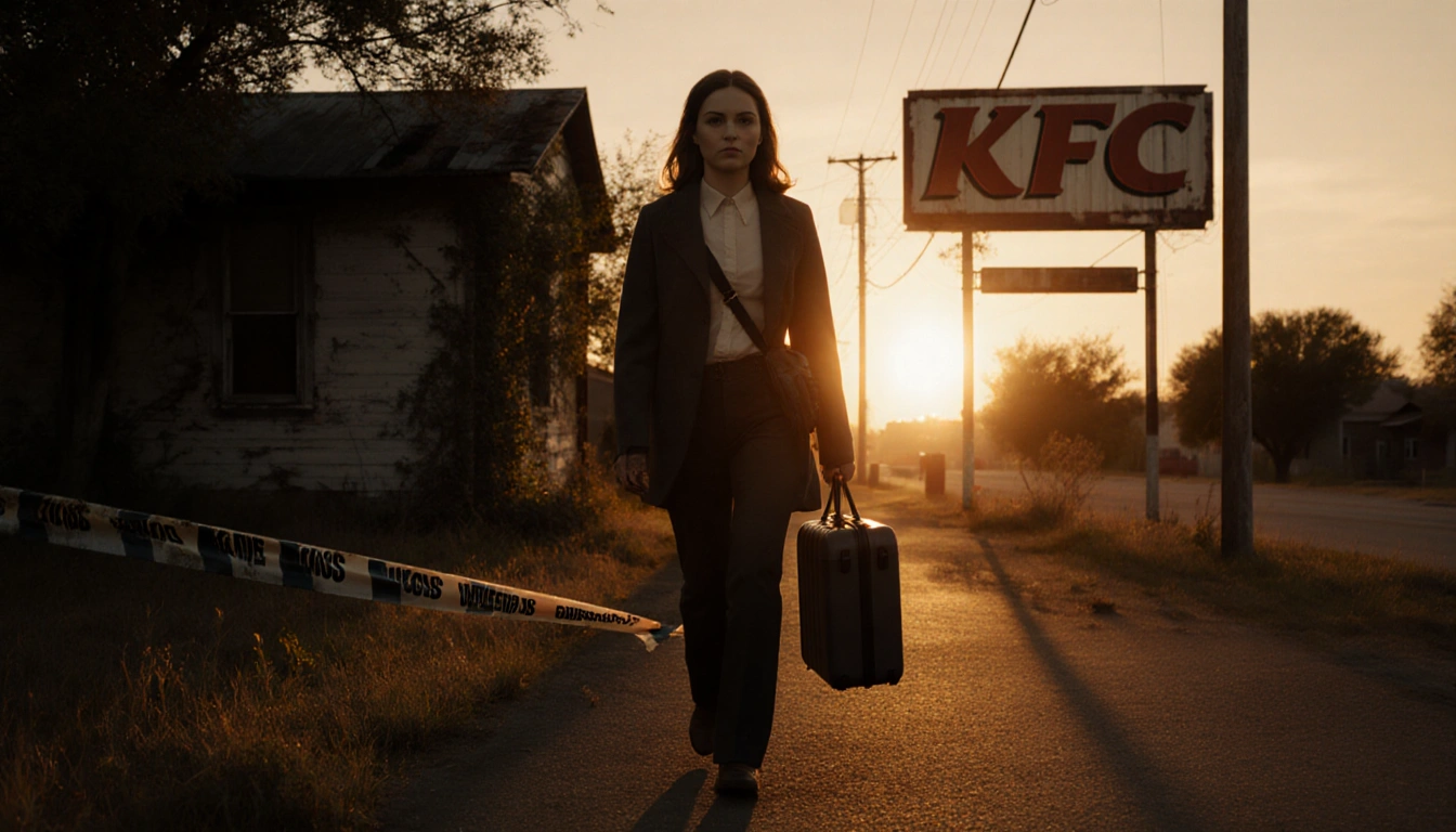 Woman walking toward viewer with small suitcase and fading cold case tape on a rural Texas street at sunset near a KFC sign