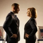 Colin Allred and Julie Johnson stand facing each other with hands on hips on a backdrop light and maps showing tension.