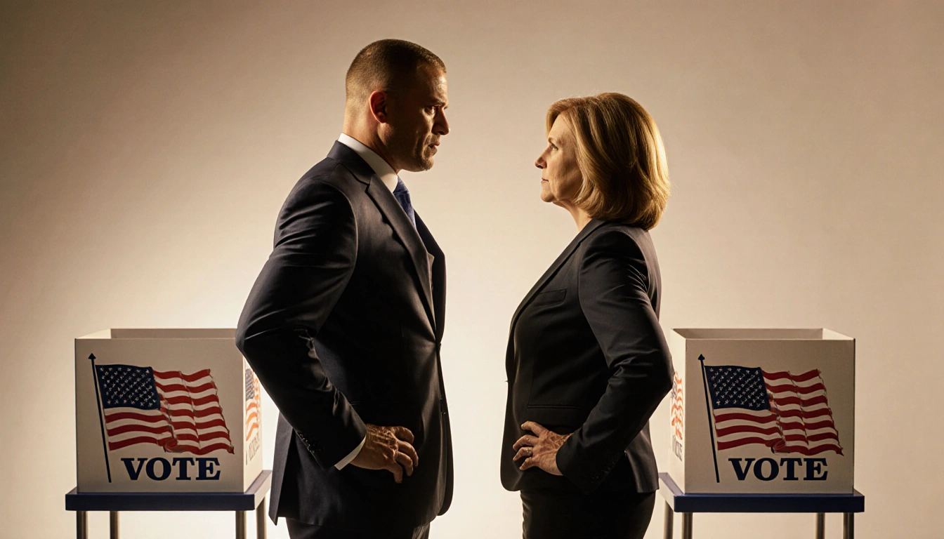 Colin Allred and Julie Johnson stand facing each other with hands on hips on a backdrop light and maps showing tension.