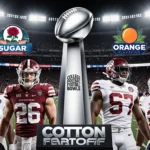 Four college football players stand shoulder to shoulder around a gleaming Cotton Bowl trophy with stadium lights blazing