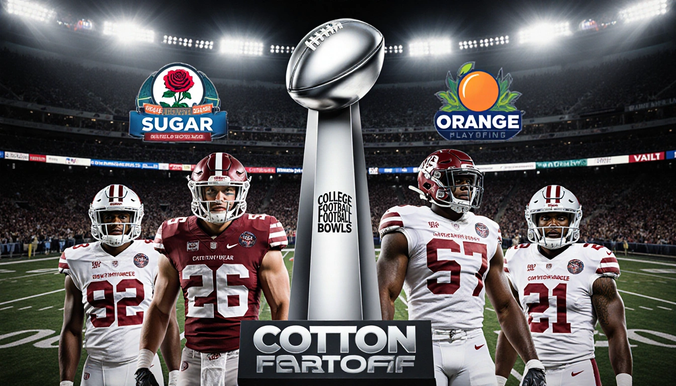 Four college football players stand shoulder to shoulder around a gleaming Cotton Bowl trophy with stadium lights blazing
