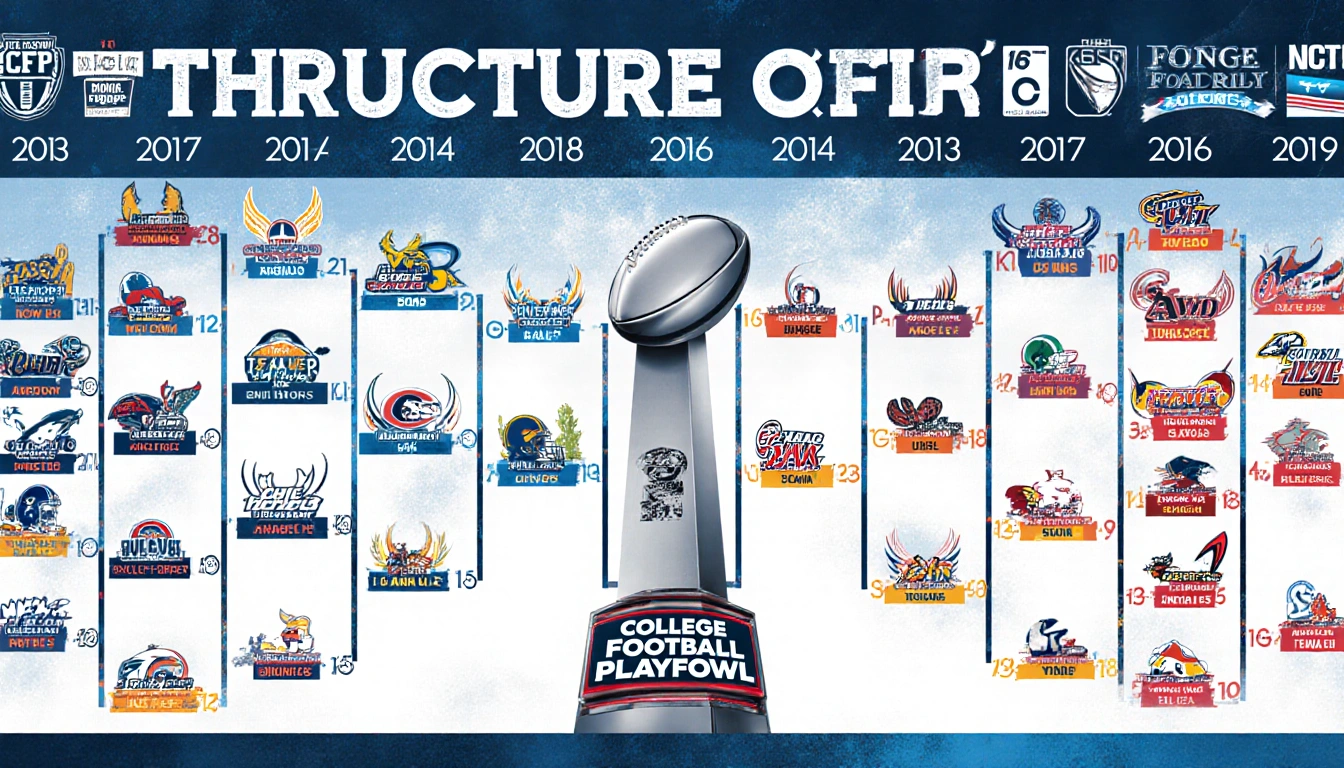 Illustration shows College Football Playoff growing from four to twelve teams with color‑coded brackets for each edition.