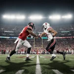 Quarterfinal quarterback stands confidently on the field with bright stadium lights and fans high‑fiving in the background.