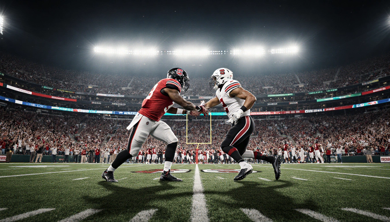 Quarterfinal quarterback stands confidently on the field with bright stadium lights and fans high‑fiving in the background.