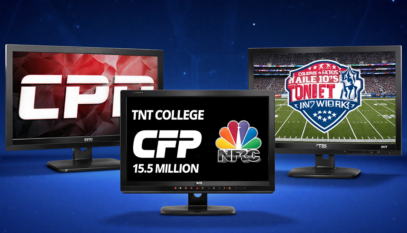 Three TV monitors show college football playoff and NFL games with bold logos competing for viewers