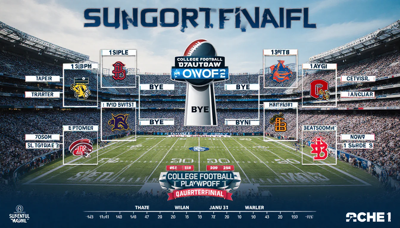 Bracket layout shows quarterfinals with top seeds byes and lower seeds playing in a bowl stadium with BYE lettering and dates