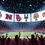 Stadium displays college football playoff screens with confetti and spotlights illuminating the field.