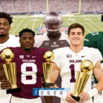 Five football players hold championship trophies with golden lighting and a packed stadium backdrop showing team diversity.