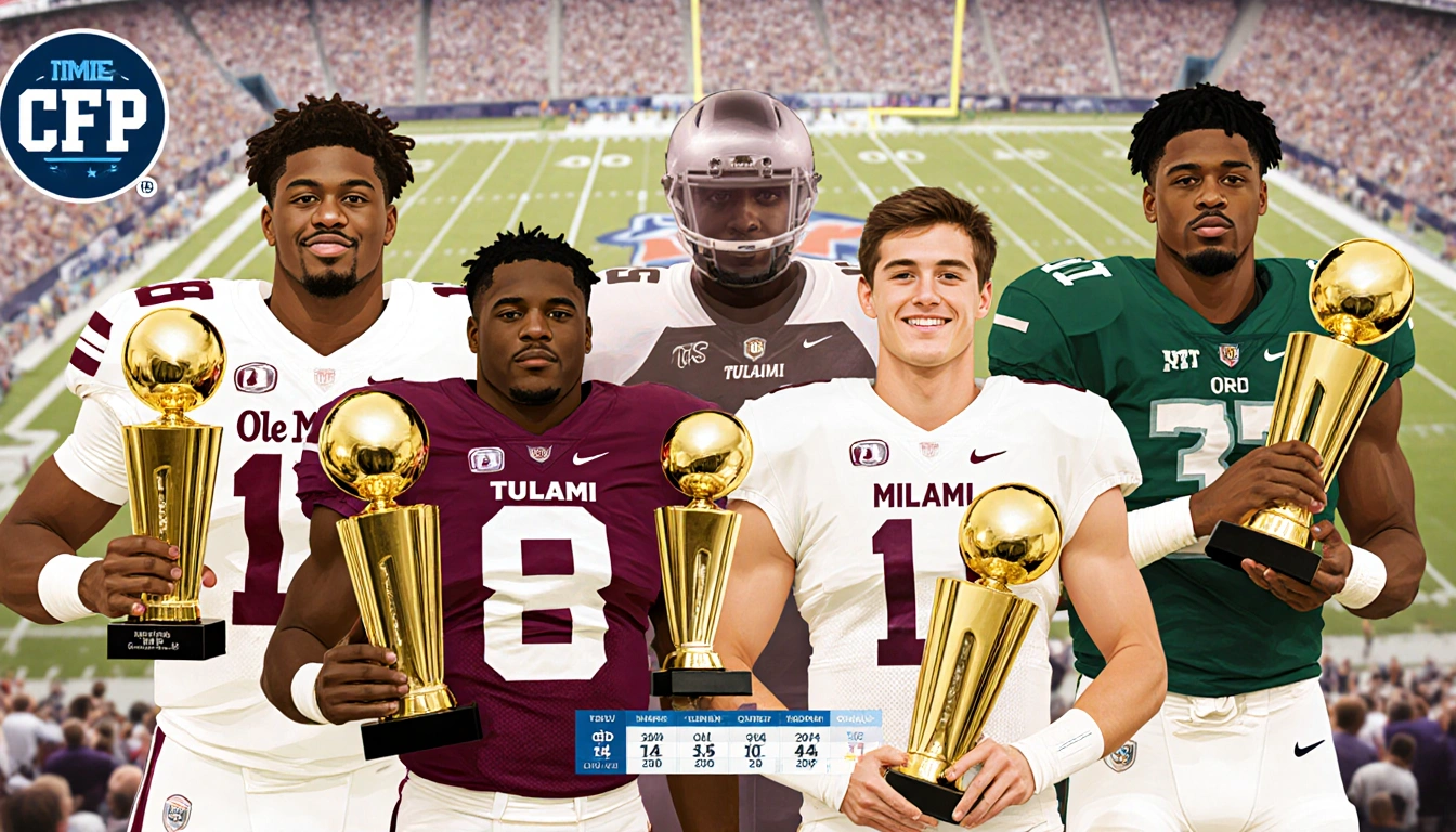 Five football players hold championship trophies with golden lighting and a packed stadium backdrop showing team diversity.