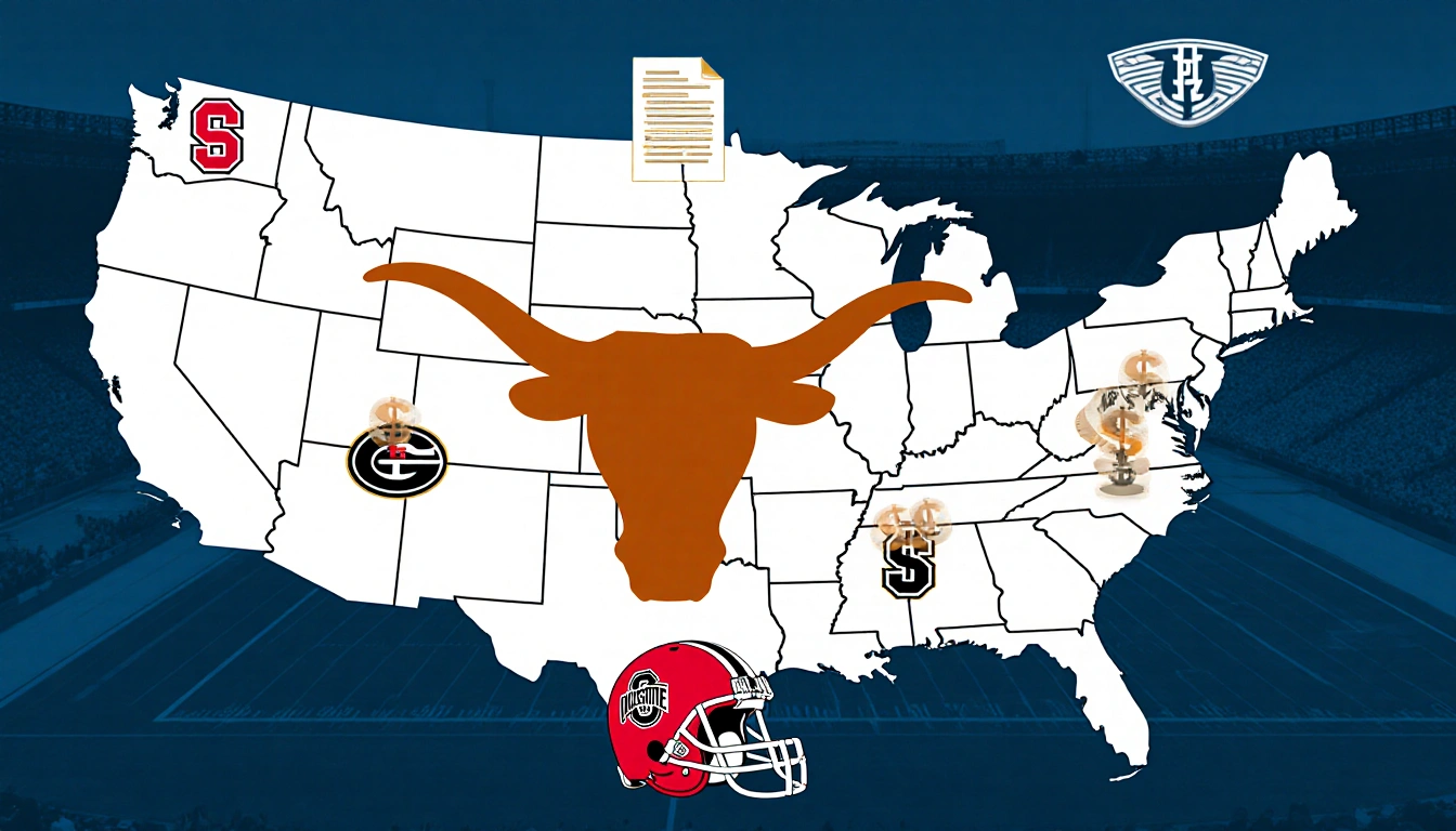 Texas Longhorns logo leads athletes around a U.S. map with glowing contracts and money-filled helmets showing a $1.5B valuati