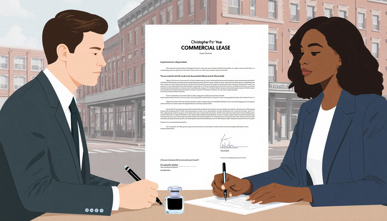 Christopher Powell signing the commercial lease with Louis Martin pen and inkwell beside a 10-year contract and building faca