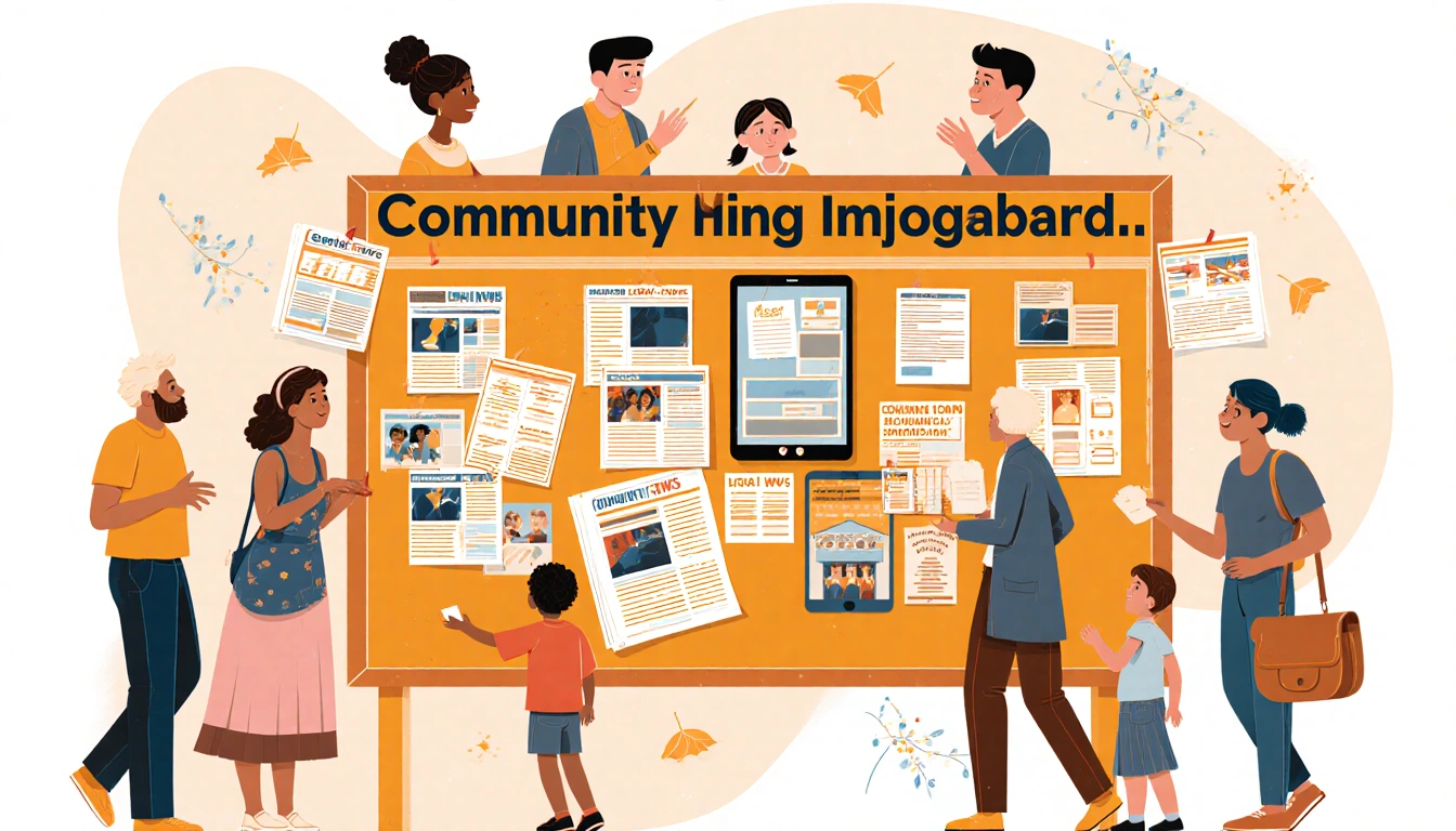Community members chatting near a bustling bulletin board with local news headlines and flyers