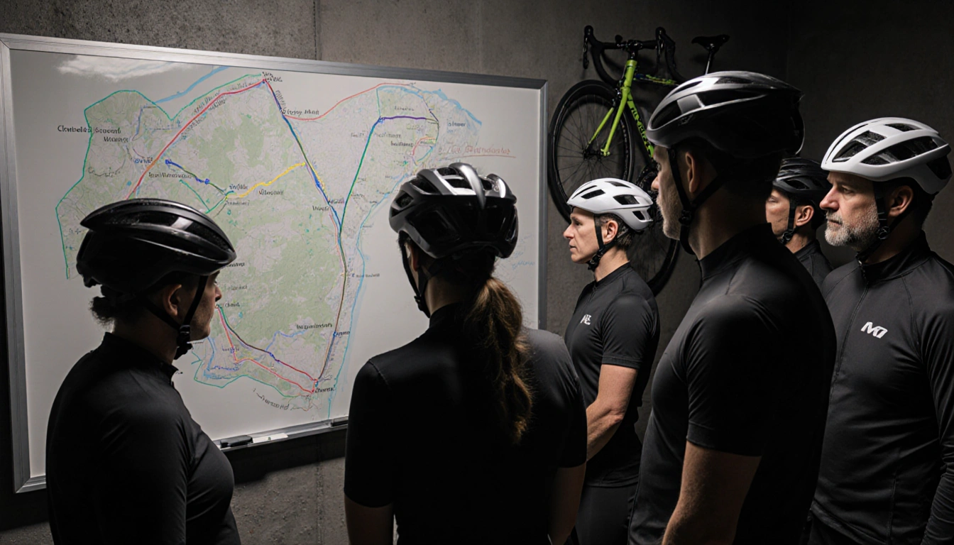 People gathering around a board with maps and cycling and triathlon gear in a muted somber setting