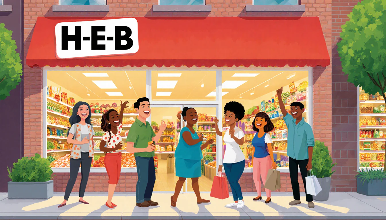 Neighbors cheer in front of H‑E B store with colorful signage and bright windows holding shopping bags in a community street.
