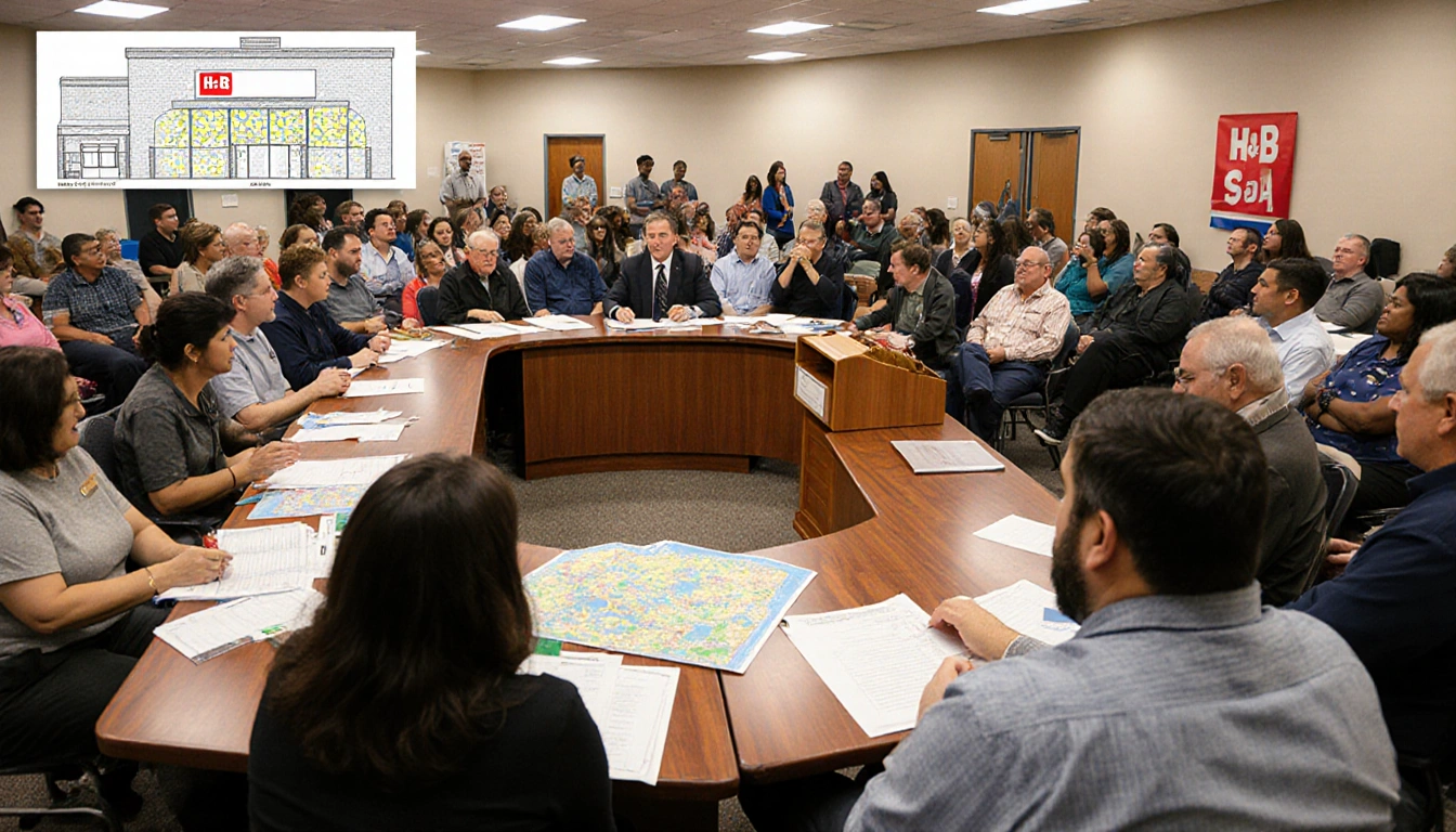 City council member addressing neighbors with maps and documents on a wooden table in a crowded community meeting room