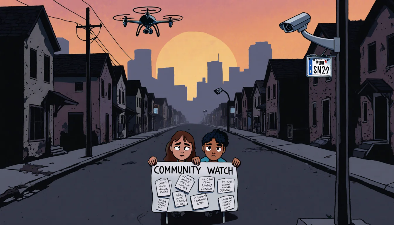 Community watch table displays notes and faces while a drone hovers above and sunset cityscape looms behind.