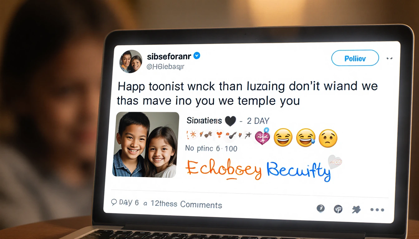 Laptop screen showing condolence social media post with colorful comments and emojis over blurred sibling photo background.