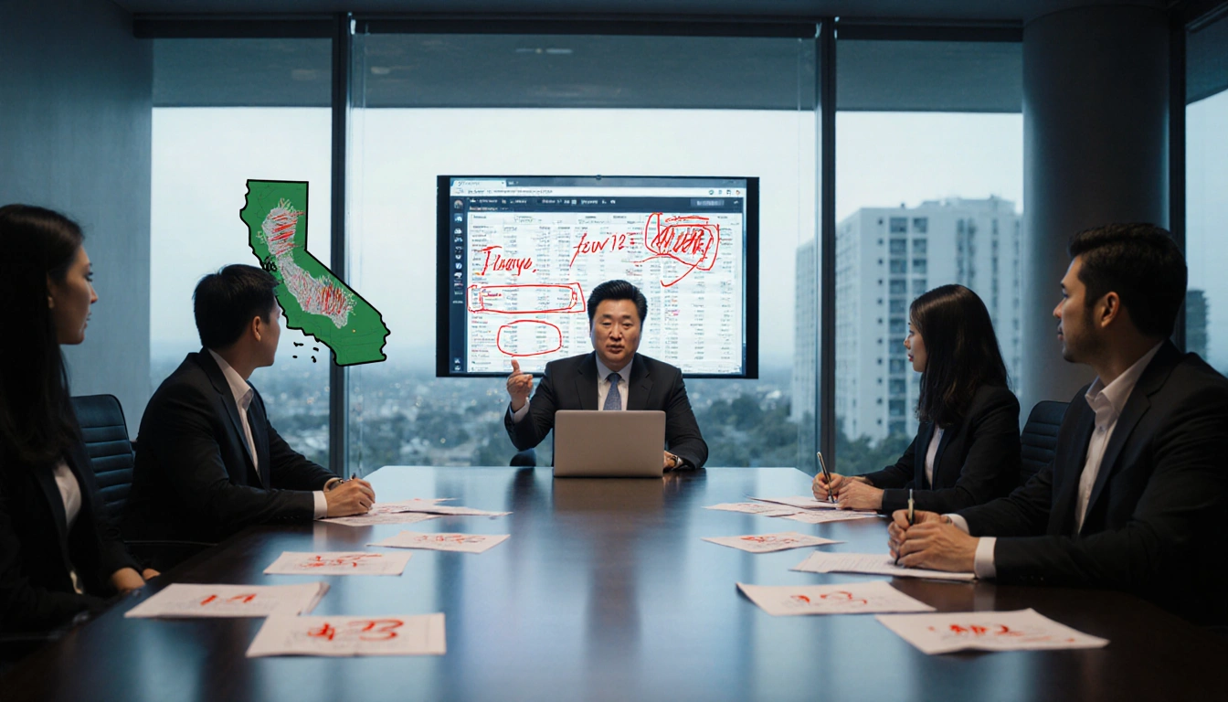 Executive presenting fabricated data on laptop with dim conference room and luxury papers