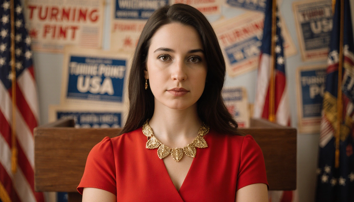 Confident woman standing before wooden podium with American flags and posters in blurred background wearing bold red dress