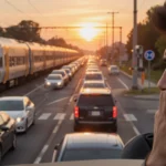 Frustrated driver looks at camera with trains stalled at train crossing and sunset glow.