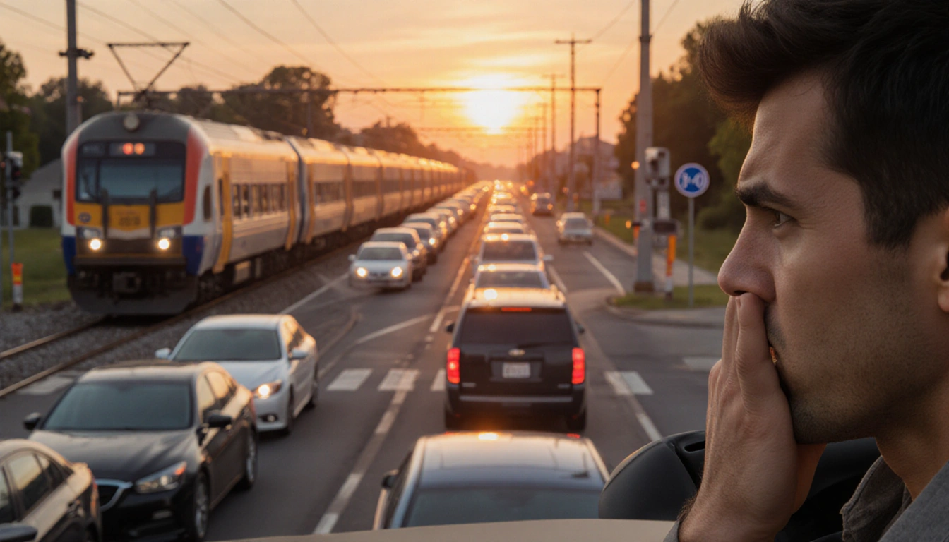 Frustrated driver looks at camera with trains stalled at train crossing and sunset glow.