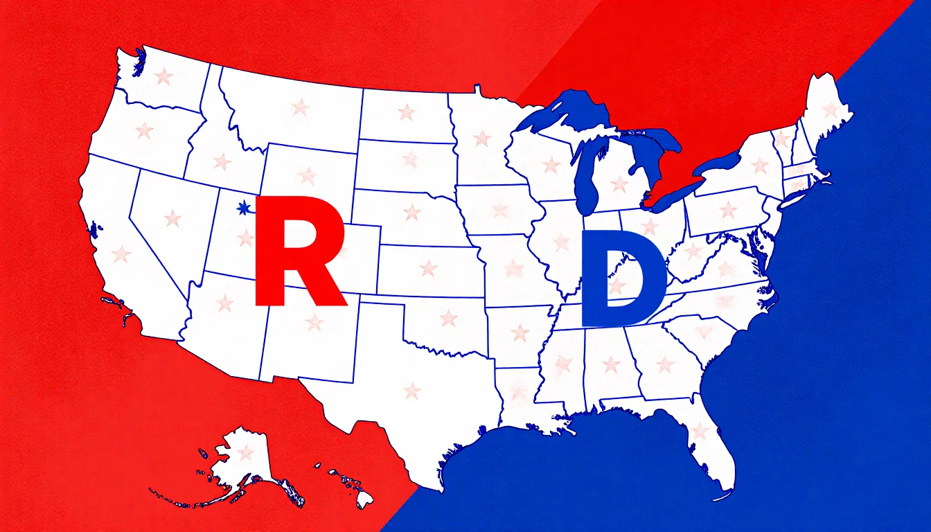 U.S. map shows red and blue states with a bold red R in one state and a blue D in another.