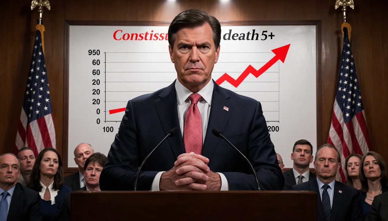 Politician demanding answers at podium with flag backdrop and graph showing rising death toll in congressional hearing.