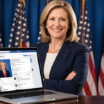 Congresswoman stands with arms crossed near American flags and a tablet showing her Facebook profile