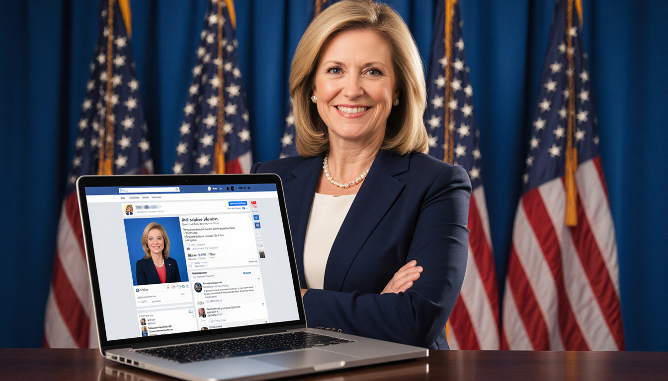Congresswoman stands with arms crossed near American flags and a tablet showing her Facebook profile