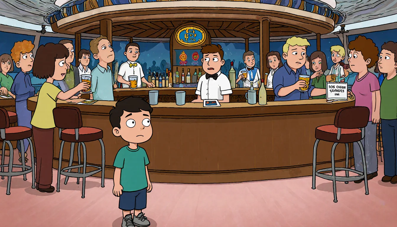 Autistic boy standing alone with crowded cruise ship bar behind him and an empty cabin key beside his feet.