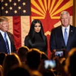 Nicki Minaj stands beside Trump and Vance with a large American flag and warm golden light showing conservative unity
