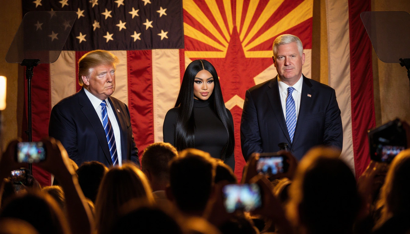 Nicki Minaj stands beside Trump and Vance with a large American flag and warm golden light showing conservative unity