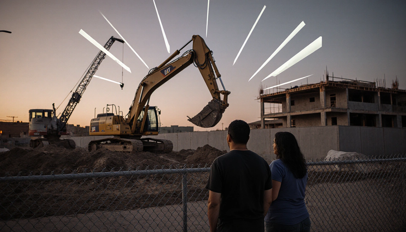Resident standing with fence in muted dusk Ventana construction site with booms radiating through half-built structure